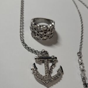 Silver Tone Anchor Pendant Necklace with Crystal Accents